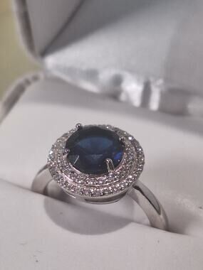 925 Sterling Silver 2.20ct Sapphire Halo Ring Round Blue Size 6.25 NIB